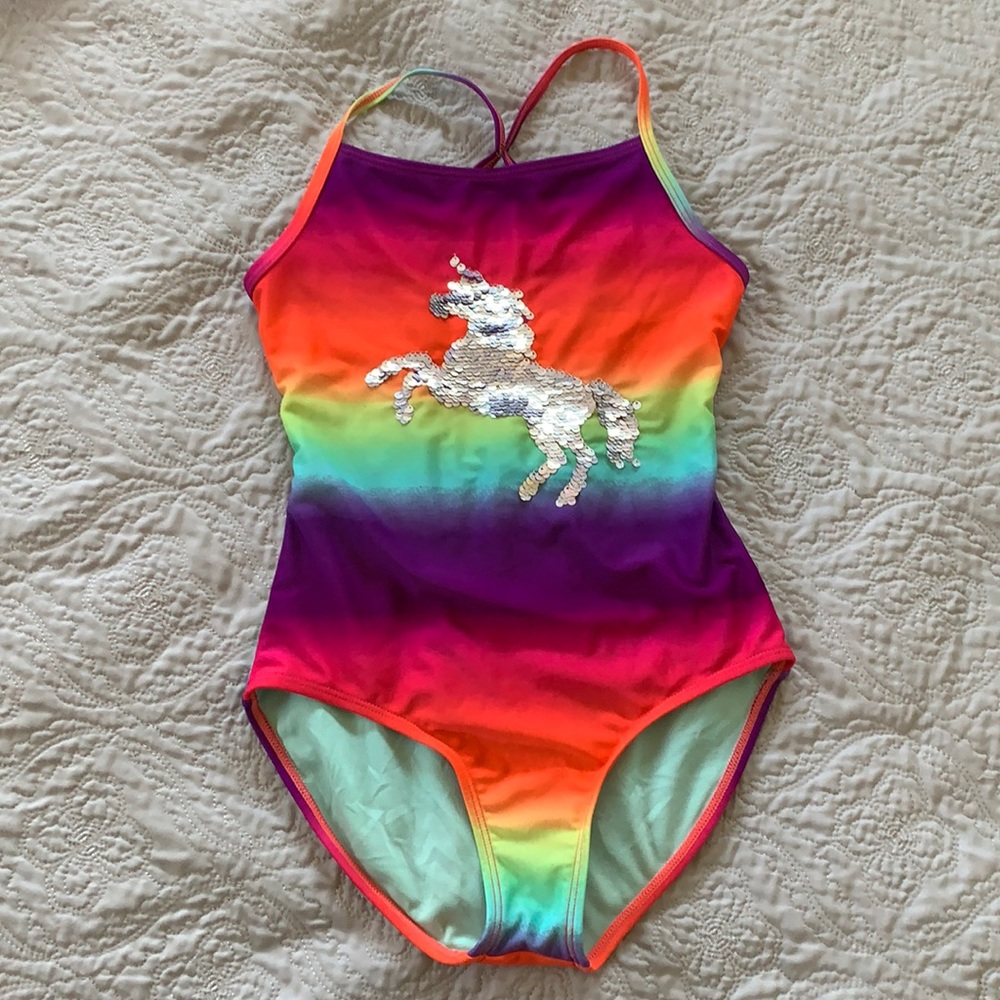 Cat & Jack unicorn/rainbow flip sequin swimsuit